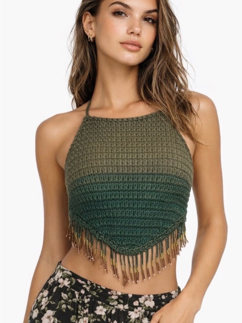 NWT Agua Bendita Olive Fleur Dreamin Crochet Crop Top Beaded Fringe Size L Boho